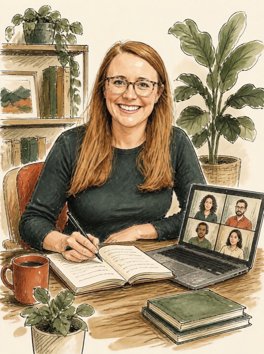 Illustration of Kayla Fargo writing in a notebook at her desk, with a video call open on her laptop